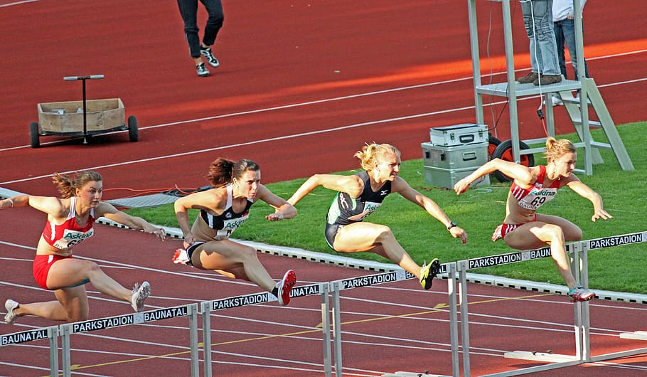 HD wallpaper: four women jumping, athletics, sport, hurdles ...