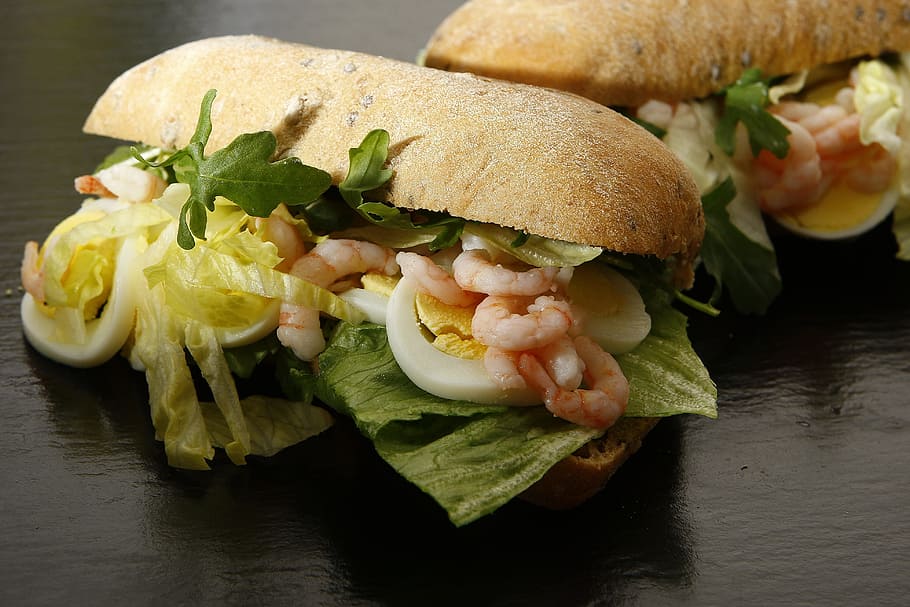 vegetable sandwiches, Eggs, Prawns, Salad, Rocket, dining, food, HD wallpaper