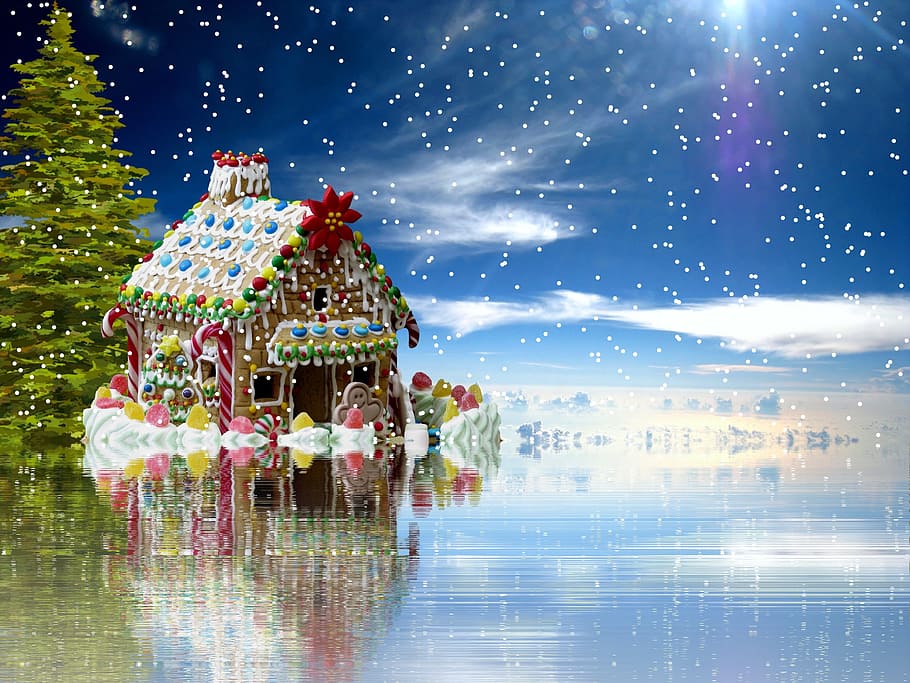 white, brown, and pink house graphic wallpaper, christmas, gingerbread HD wallpaper