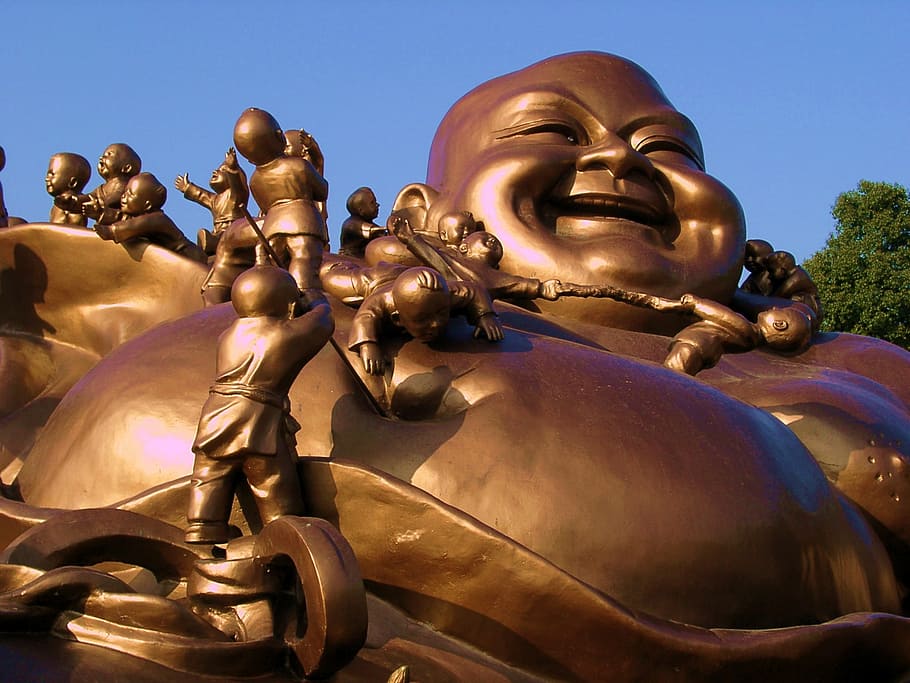 HD wallpaper laughing Buddha statue during daytime, bronze statues