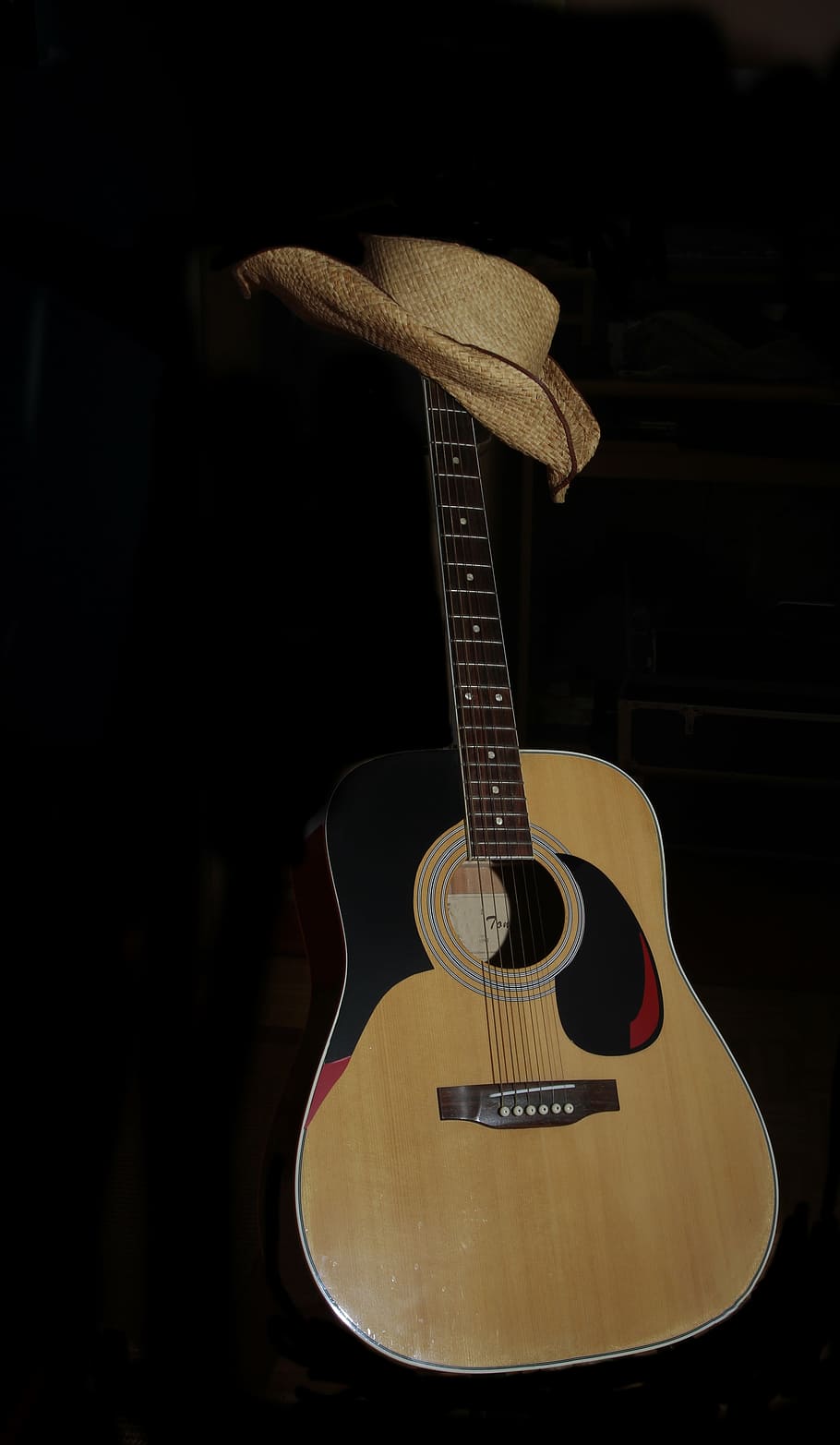 dreadnought brown acoustic guitar, hat, westernhat, tonkunst, HD wallpaper