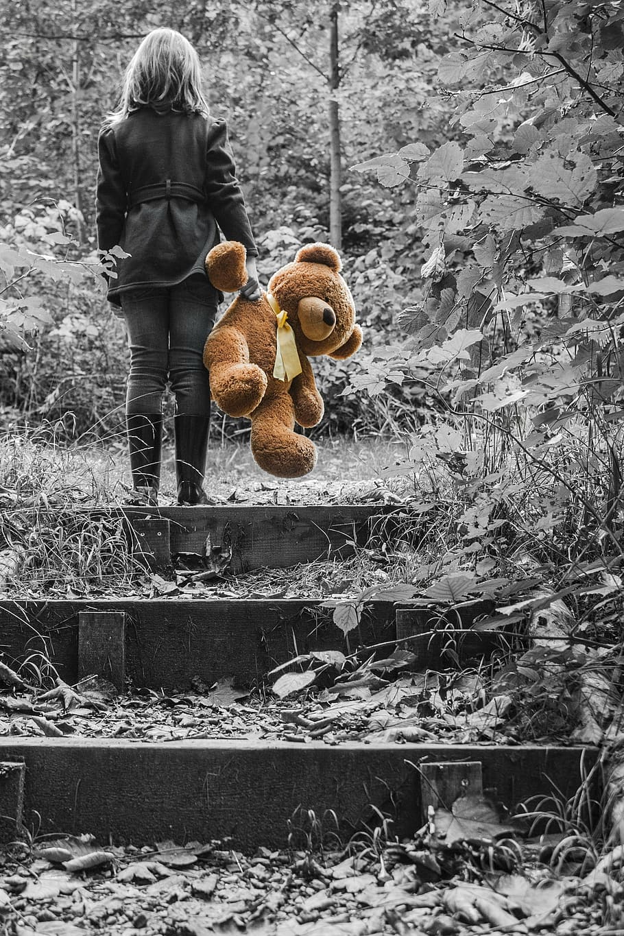 selective color photography of woman holding brown bear plush toy, HD wallpaper