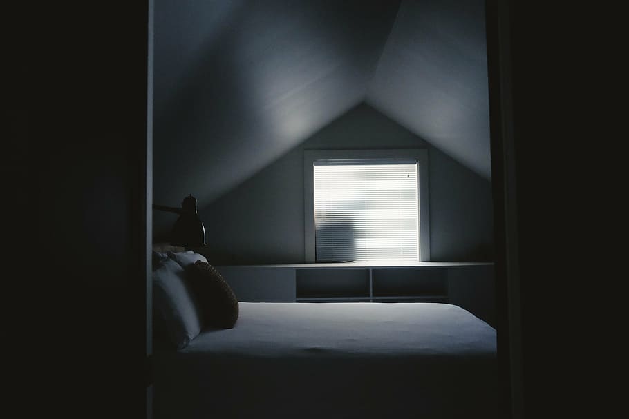 low light photography of attic, house, architecture, bedroom