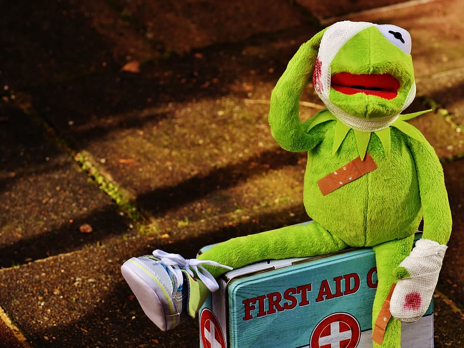 Kermit the frog plush toy with first aid kit box, injured, association