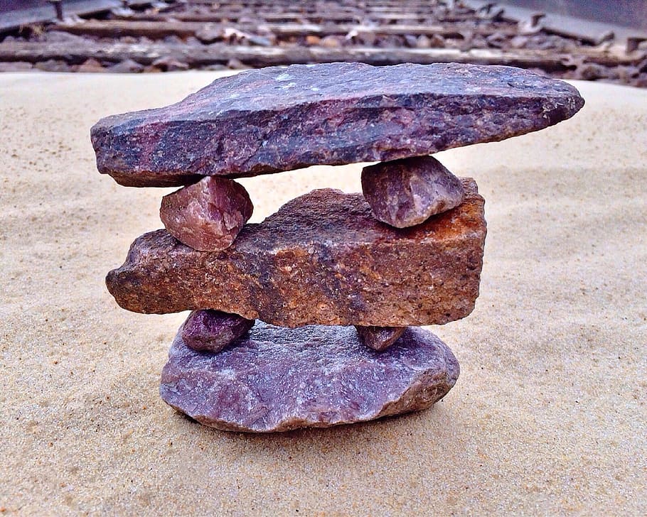 stacking stones on sand, rock, balance, relaxation, stability HD wallpaper