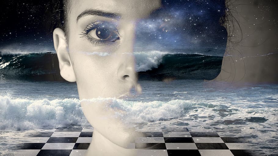woman's portrait photo, pop art, overlay, edit, wallpaper, black white HD wallpaper