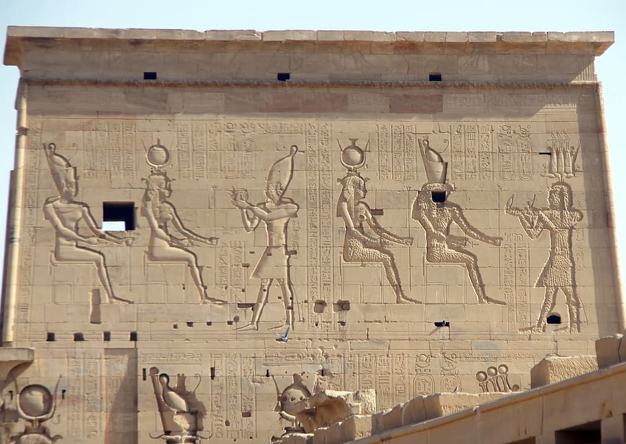 egypt, aswan, philae, temple, pylon, hieroglyphs, engraving