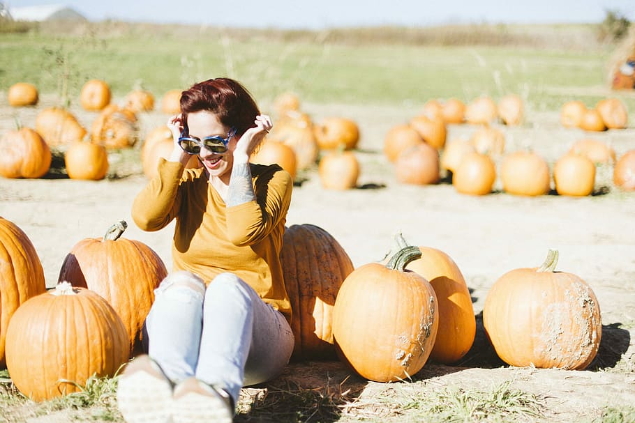 HD wallpaper: pumpkin patch, woman surrounded by pumpkins, female ...