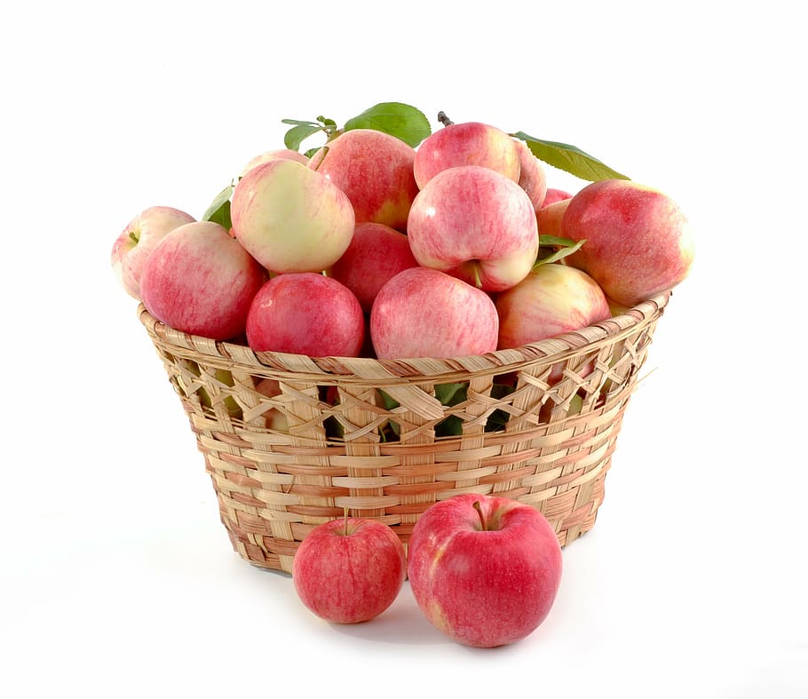 red apples in brown wicker basket, basket full, set, crop, food HD wallpaper