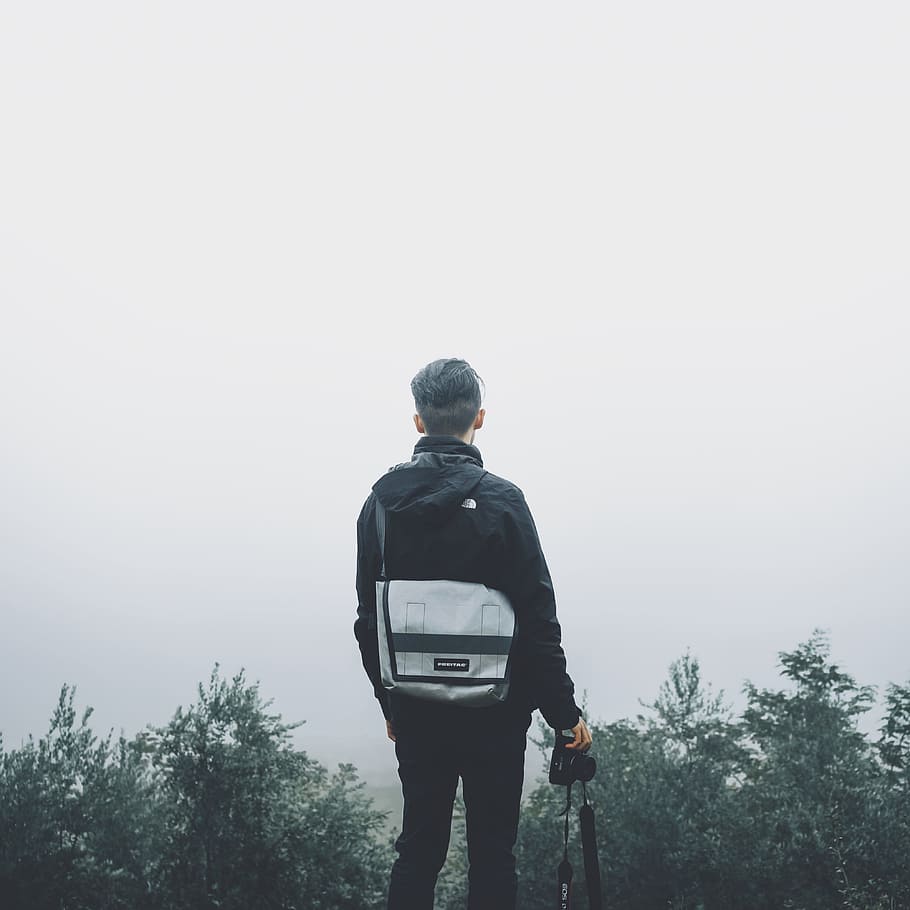 people, man, guy, alone, travel, peak, mountain, trees, plant HD wallpaper