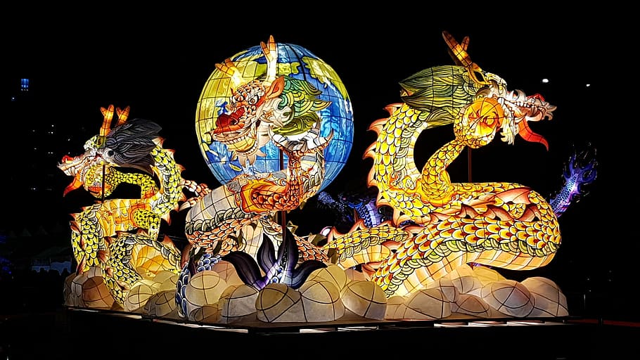 dragon, lantern, night, lighting, illuminated, representation HD wallpaper