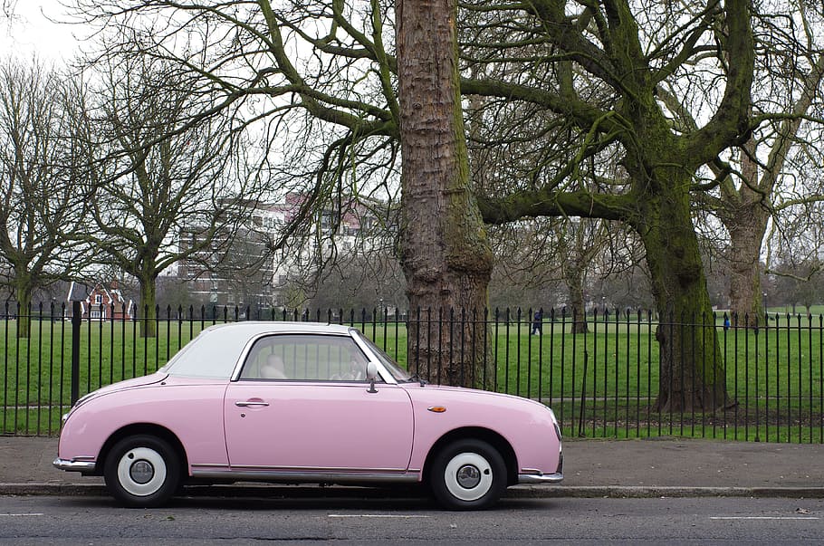 pink and white coupe parked near green bare trees during daytime, HD wallpaper
