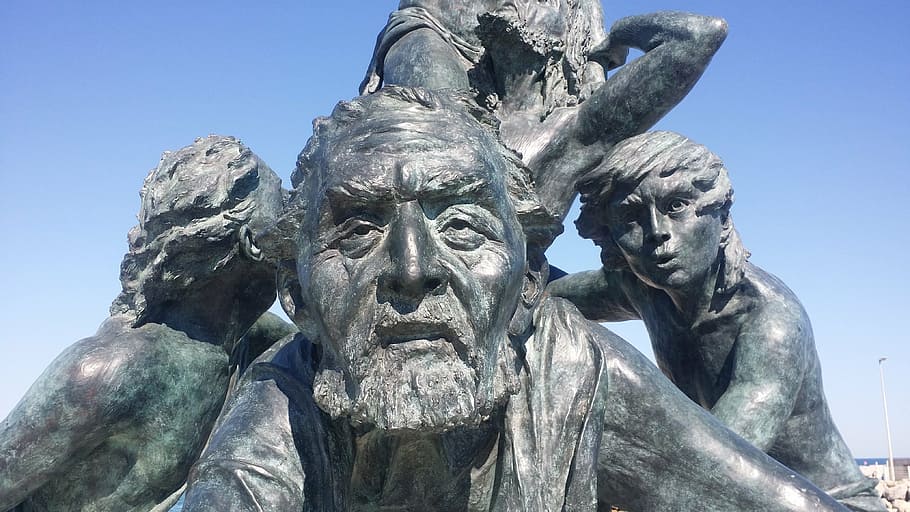 statue, nella buzcot, sky, blue, face, old man with children HD wallpaper