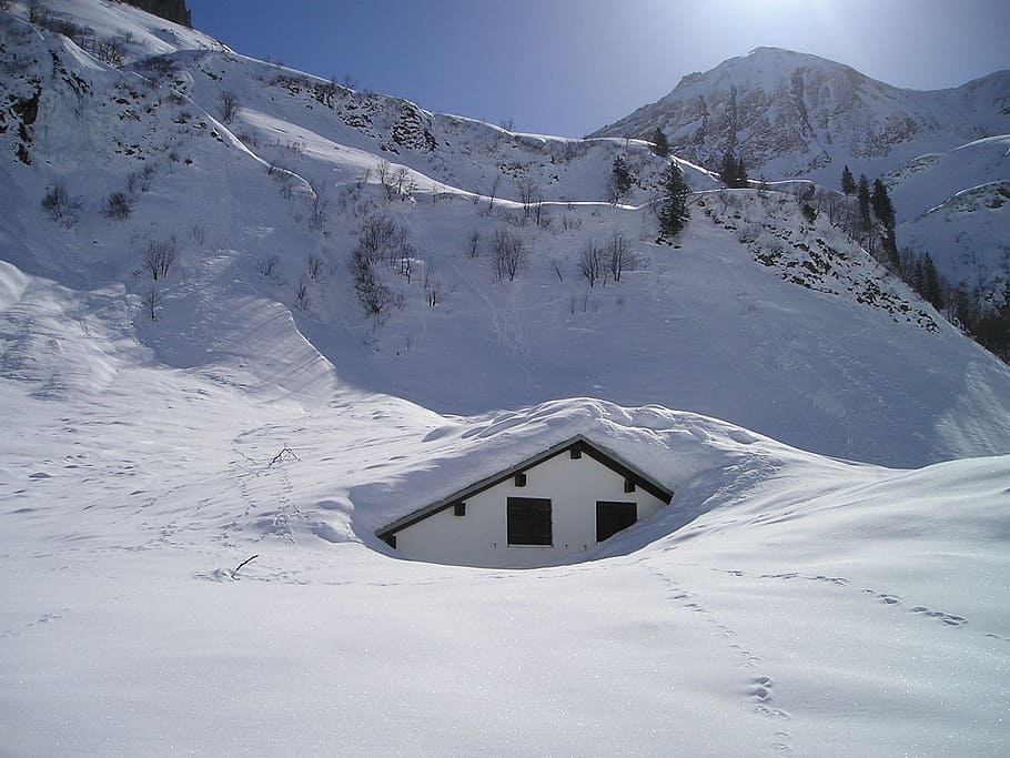 house under snow in front of alp photo, mountains, hut, deep snow HD wallpaper
