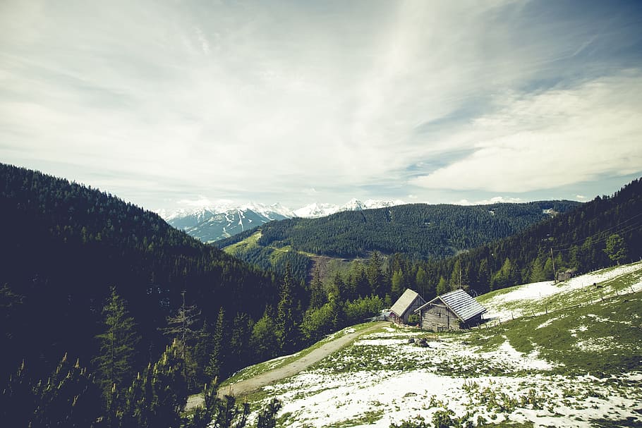 clouds, cottage, hills, landscape, mountains, nature, sky, snow HD wallpaper