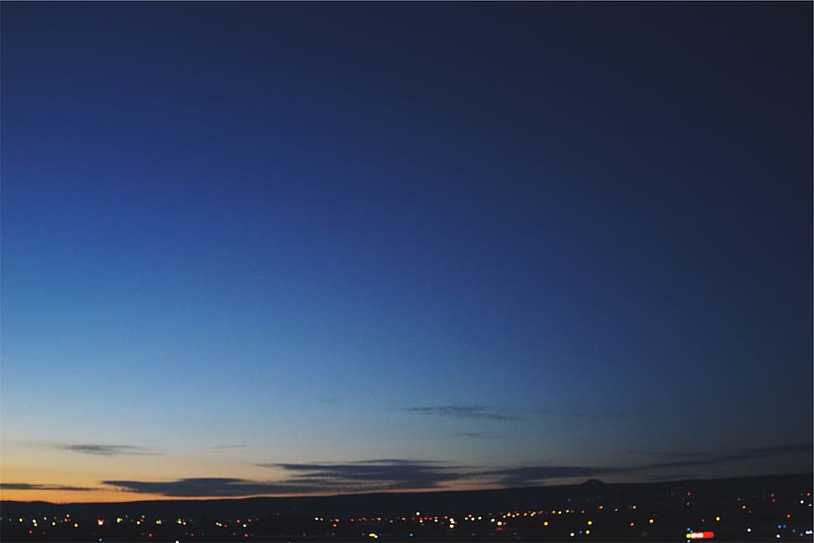 sunset, dusk, sky, blue, night, evening, lights, copy space HD wallpaper