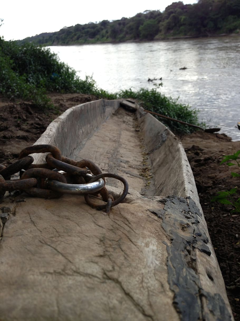 boat, river, chain, scenic, water, no people, tree, metal, nature HD wallpaper