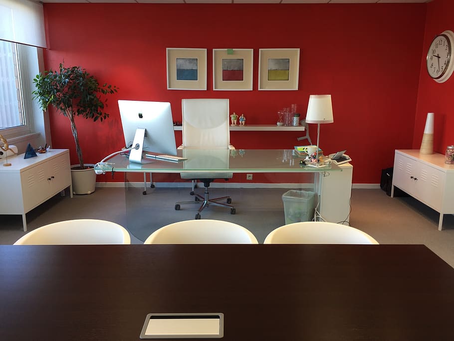 office, modern, red, interior design, table, seat, indoors HD wallpaper