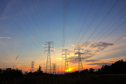 dawn, landscape, sky, sunset, cable, clouds, danger, distribution HD wallpaper