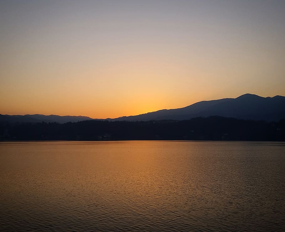 lago maggiore, lake, sunset, waters, landscape, orange, red, HD wallpaper