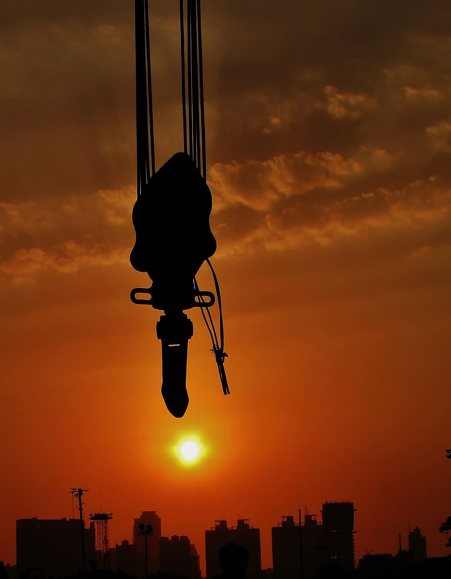 crane, hook, sunset, skyline, city, silhouette, industry, construction HD wallpaper