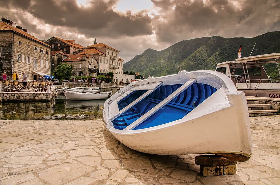 white canoe boat, ship, balkan, bay of kotor, boot, montenegro