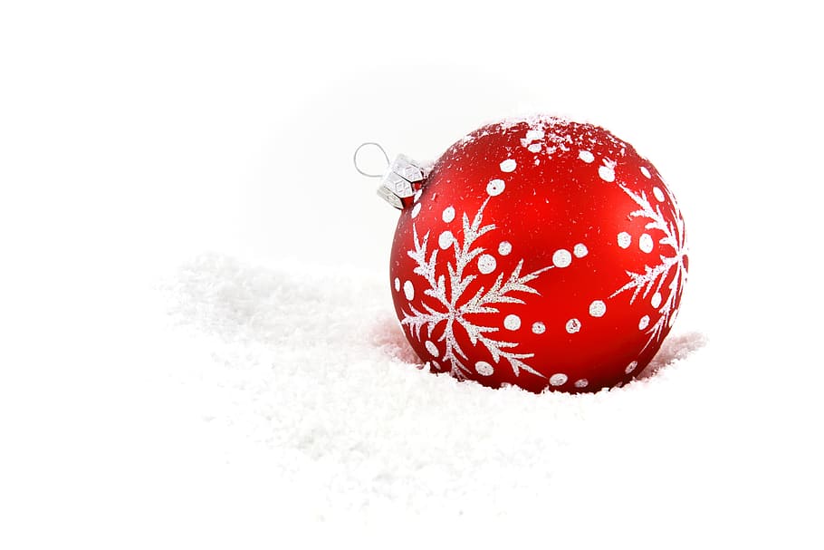 red bauble on white snow, ball, celebration, christmas, decoration, HD wallpaper