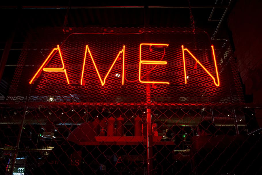 red Amen lit-up signage, orange AMEN light sign, lights, neon