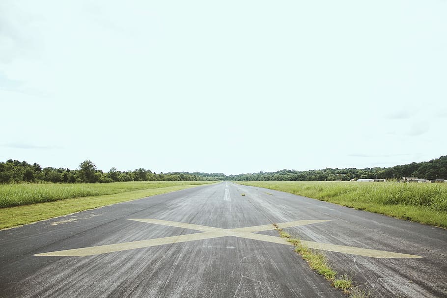 gray concrete road, airport, runway, tarmac, cross, sky, the way forward, HD wallpaper