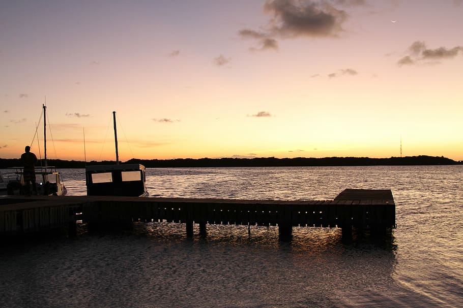 Sunset, Landscape, Lake, Pier, Boats, horizon, summer, nature HD wallpaper