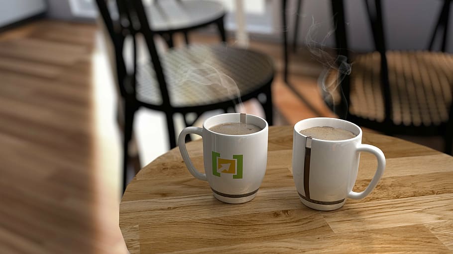 two white mugs on brown table, ceramic, office, work, business, HD wallpaper