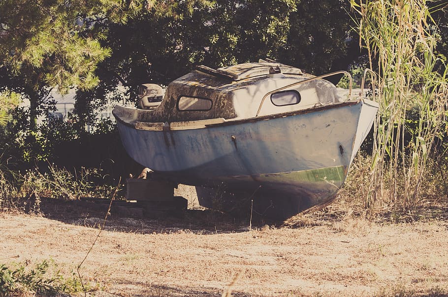 boat, vessel, ship, sail, sailing, wrecked, scene, land, plant HD wallpaper