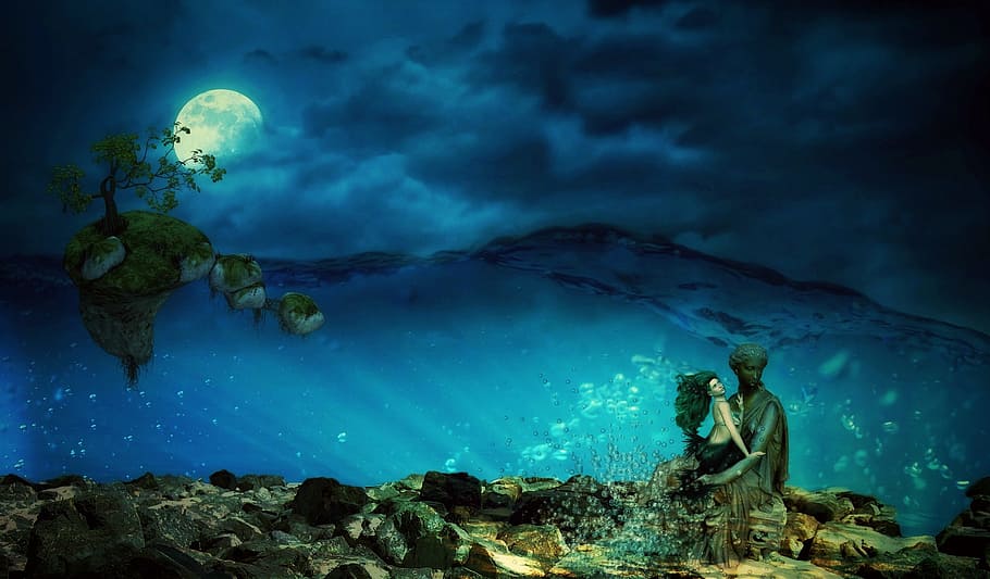 painting of mermaid under the sea, mystical, water, female, fantasy