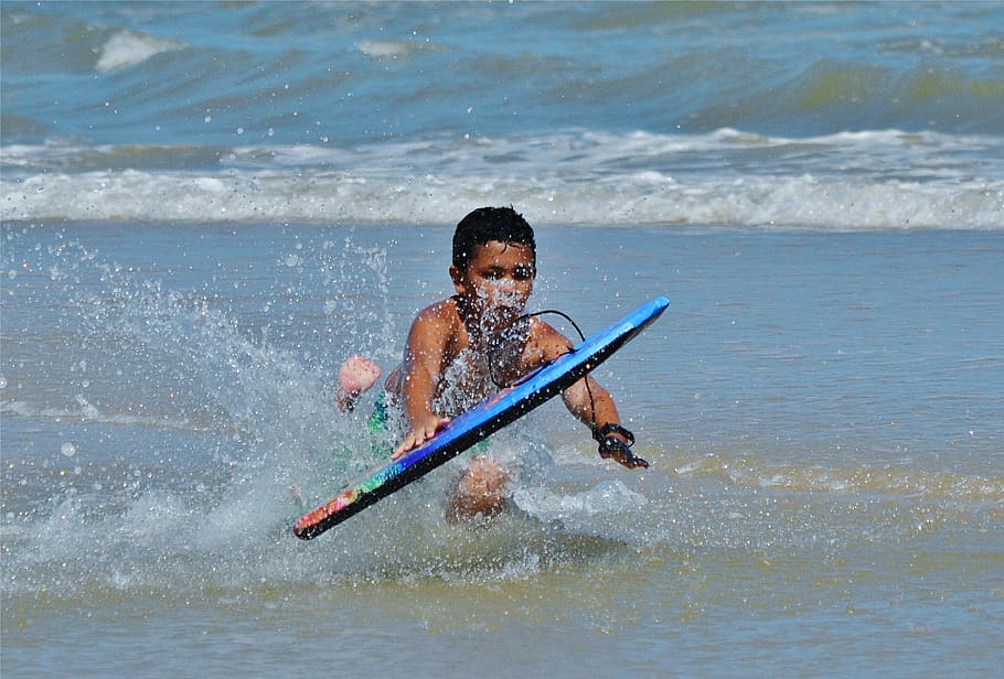 beach, summer, boarding, fun, boy, waves, boogie, surf, water HD wallpaper