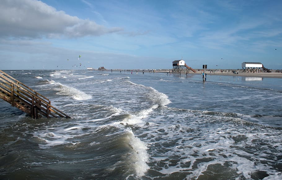 waters, sea, coast, horizontal, sky, motion, wave, beach, built structure HD wallpaper