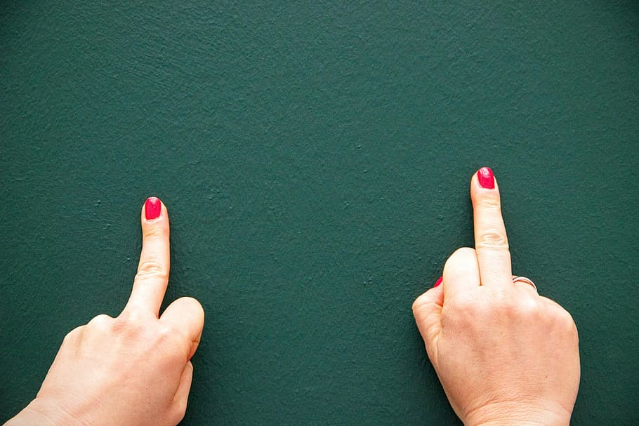 person with red nail pedicure showing middle fingers, hands HD wallpaper