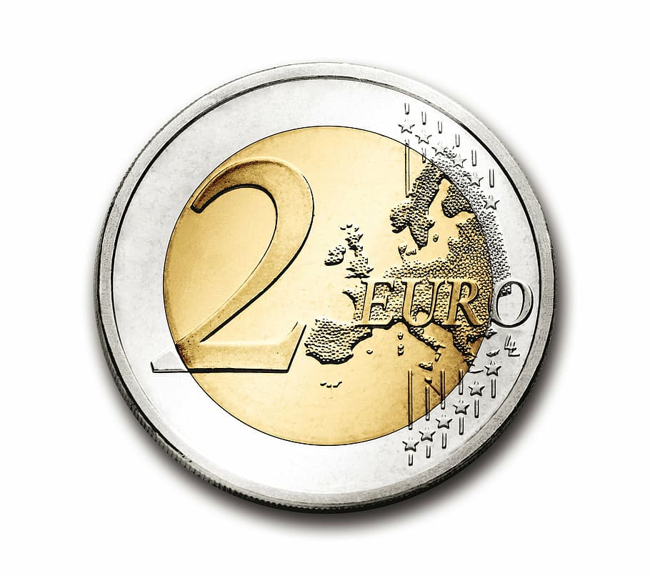 round silver-colored and gold-colored 2 Euro coin, currency, europe