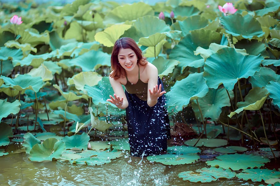woman on body of water, nature, beautiful, girl, outdoors, flower