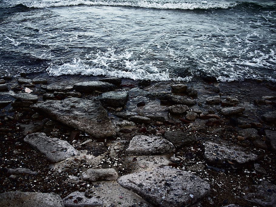 sea, rock, water, wave, summer, sand, evening, shell, seashore HD wallpaper