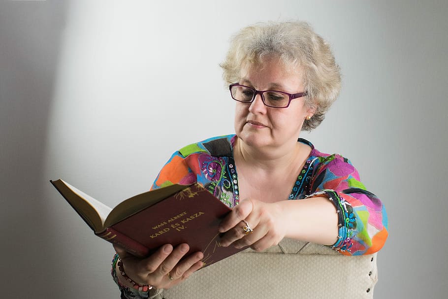 woman, portrait, specs, reader, book, glasses, woman sitting HD wallpaper