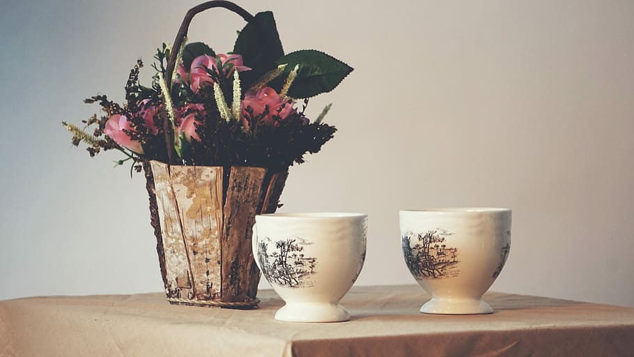 A formal tea party set, white ceramic bowls, cup, plant, pot HD wallpaper