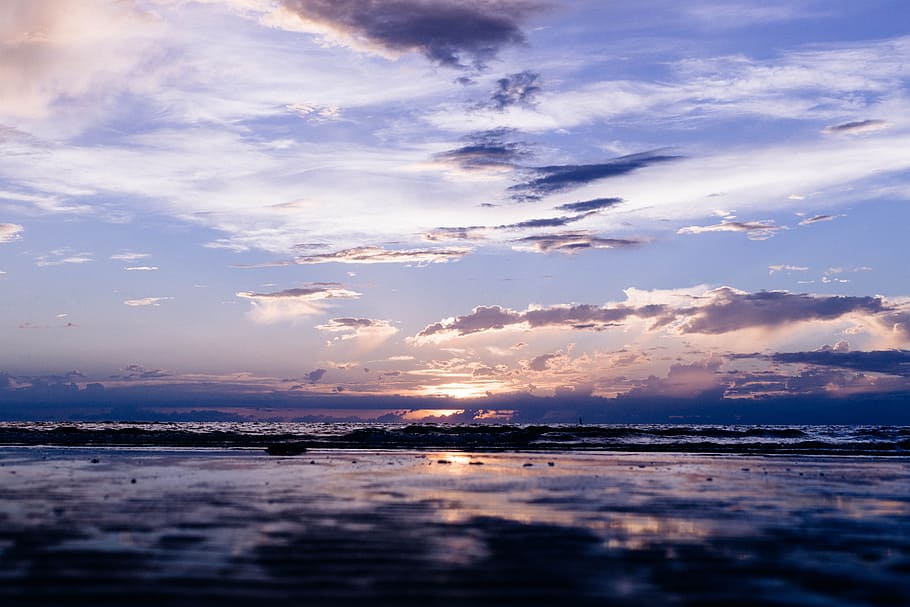 light, sea, dawn, landscape, beach, clouds, dusk, evening, horizon HD wallpaper