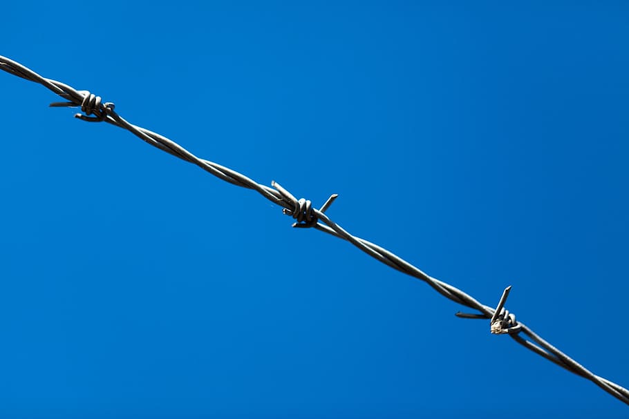 barb, barrier, blue, boundary, danger, fence, iron, metal, protection HD wallpaper