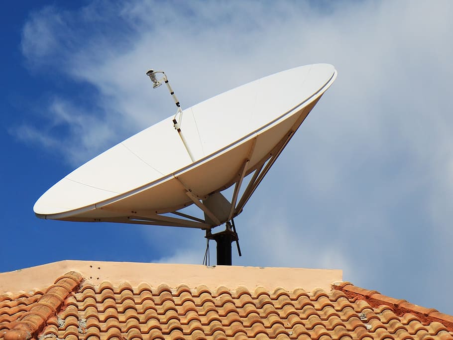 white parabolic dish on brown roof, Aerial, Antenna, Communication