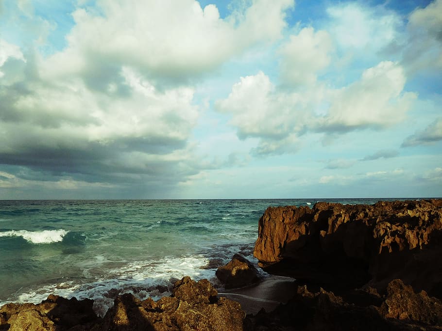 Ocean, Water, Racks, Shore, Sea, Beach, horizon over water HD wallpaper