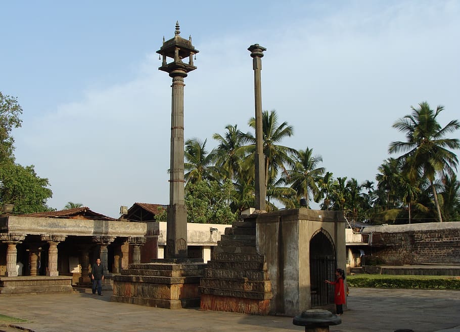 temple, lamp post, stone, garuda stambha, structure, architecture, HD wallpaper
