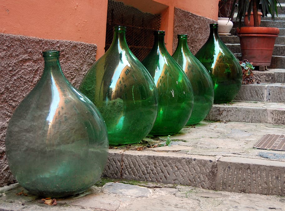 carboy, glass, stairs, empty, bottle, container, green color HD wallpaper