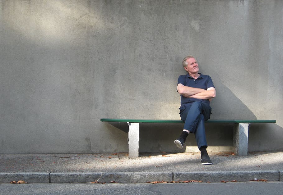 man in polo shirt sitting on bench, bank, rest, relax, relaxation HD wallpaper