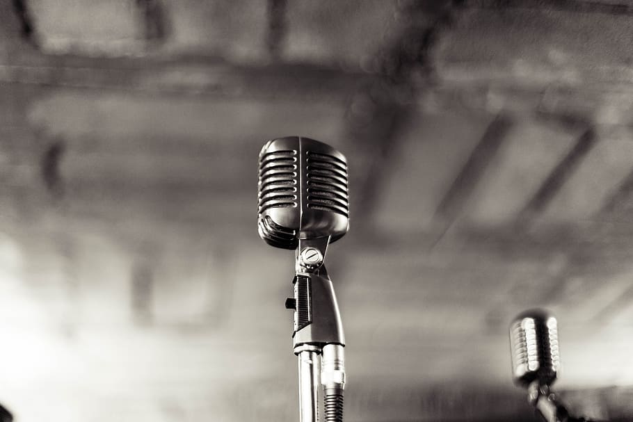 two silver condenser microphone, music, vintage, retro, sound, HD wallpaper
