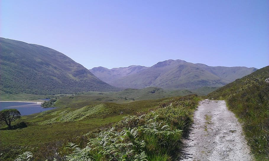 path, scotland, loch, mountains, loch affrich, sky, landscape HD wallpaper